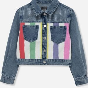TRUCE Girls' Light Blue Denim Jean Jacket with Rainbow Stripe Panels